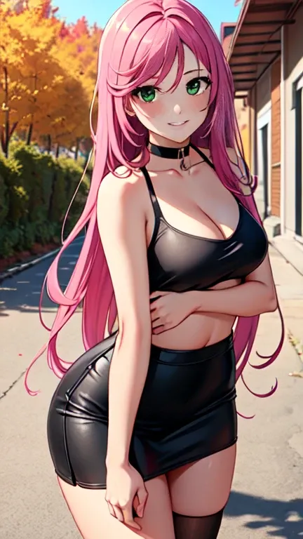 Masterpiece, raw,  beautiful art, professional artist, 8k, art style by sciamano240, very detailed face, very detailed hair, 1 woman, perfectly drawn body, beautiful face, long hair, pink hair , very detailed green eyes , rosey cheeks, intricate details in...