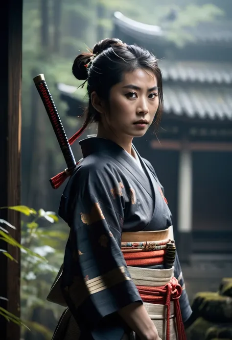 a young japanese samurai woman stands proudly, her piercing gaze forward. sharp focus isolates her strong features amidst a dark...