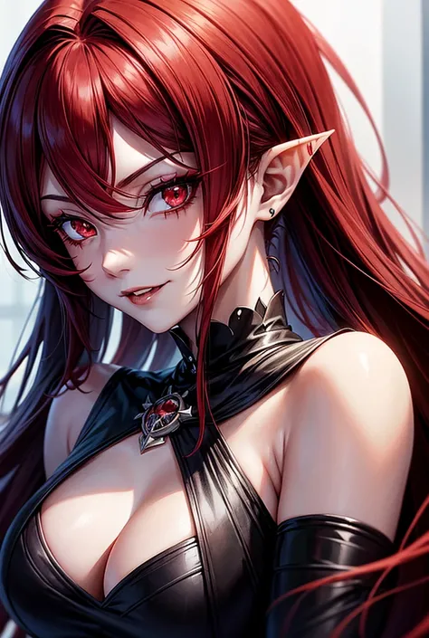 a close up of a woman with red hair and a black top, gothic maiden anime girl, anime in fantasy style, 1  anime goth girl, stunning anime face portrait, with long hair and piercing eyes, portrait knights of zodiac girl, detailed portrait of anime girl, cri...