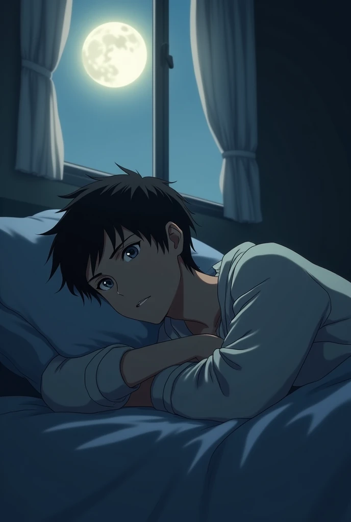 **"A melancholic anime boy resting on a bed with open eyes, set against a backdrop of dark, muted colors and the gentle light of moonlight filtering through a window."** Ratio 9/16