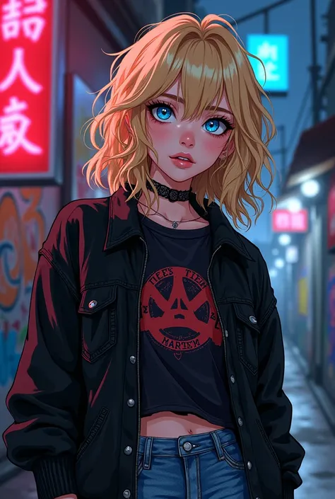 Anime-style illustration, captivating character inspired by Courtney Love, Marla Singer persona, bold features, expressive azure eyes filled with melancholy, tousled blonde hair cascading in wild waves, adorned with grunge-inspired fashion, oversized black...