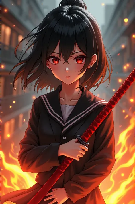 girl from , long sleeve school clothes, black hair with white highlights, holding a red katana sheath, fiery aura, spheres of fire around. 