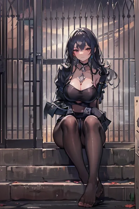 ((masterpiece, Highest quality)), (One Girl), (nsfw), (Sexy Woman), (alone), (Focus on women),((pantyhose)), (Black bra), (Sheer black elbow-length gloves), (Black shorts),(Photograph the entire foot),(prison),Smiling suspiciously,Sitting,Overlooking here,...