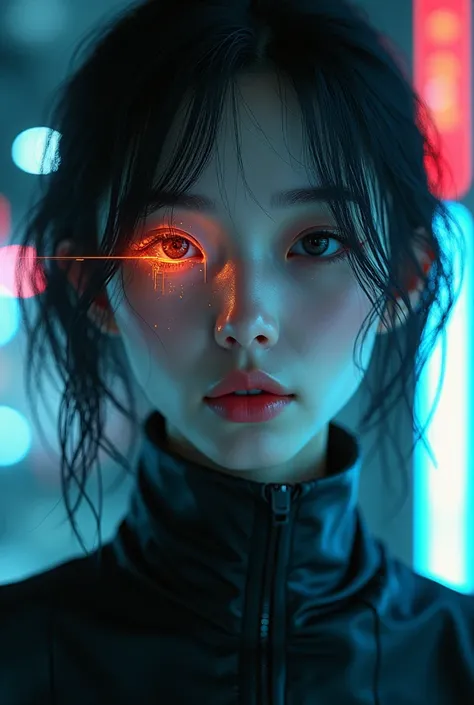 A music cover depicting an Asian woman who looks almost human, but it is clearly artificial, made by AI. The image must have a futuristic and cyberpunk aesthetic. The woman is beautifully detailed, with realistic face and features, but there are subtle sig...