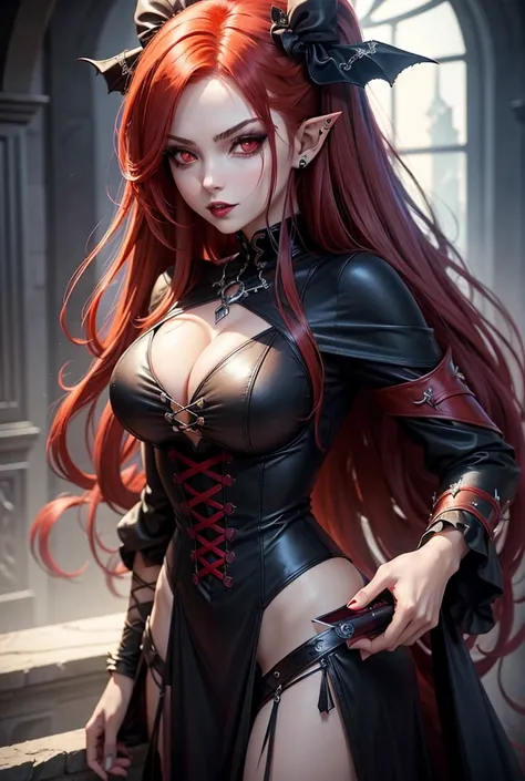 a close up of a woman with red hair and a black top, gothic maiden anime girl, anime in fantasy style, 1  anime goth girl, stunning anime face portrait, with long hair and piercing eyes, portrait knights of zodiac girl, detailed portrait of anime girl, cri...