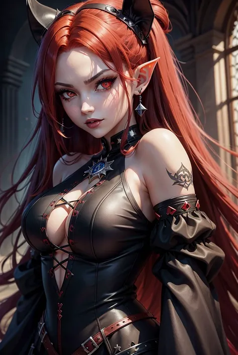 a close up of a woman with red hair and a black top, gothic maiden anime girl, anime in fantasy style, 1  anime goth girl, stunning anime face portrait, with long hair and piercing eyes, portrait knights of zodiac girl, detailed portrait of anime girl, cri...