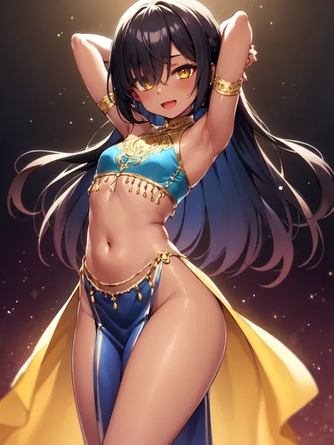 (SLE, mksks style, detailed background:1.1), (solo:1.3), girl, dark skin, ornate persian dress, long hair, black hair, beautiful hair, (hair over eye), yellow_eyes, happy,head tilt, volumetric lighting, (outdoor:1.3), harem, colorful, flat chest, persian c...