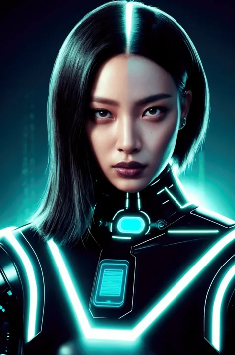 A music cover depicting a black woman with Asian features who looks almost human, but it is clearly artificial, made by AI. The image must have a futuristic and cyberpunk aesthetic. The woman is beautifully detailed, with realistic face and features, but t...