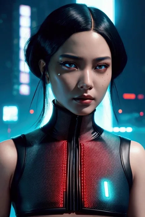 A music cover depicting a black woman with Asian features who looks almost human, but it is clearly artificial, made by AI. The image must have a futuristic and cyberpunk aesthetic. The woman is beautifully detailed, with realistic face and features, but t...