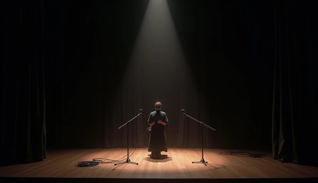 A quiet music concert stage, illuminated by a single spotlight in the center. The stage is minimalist, with just a few microphones on stands and cables scattered across the wooden floor. The backdrop is a simple black curtain, with subtle lighting effects ...