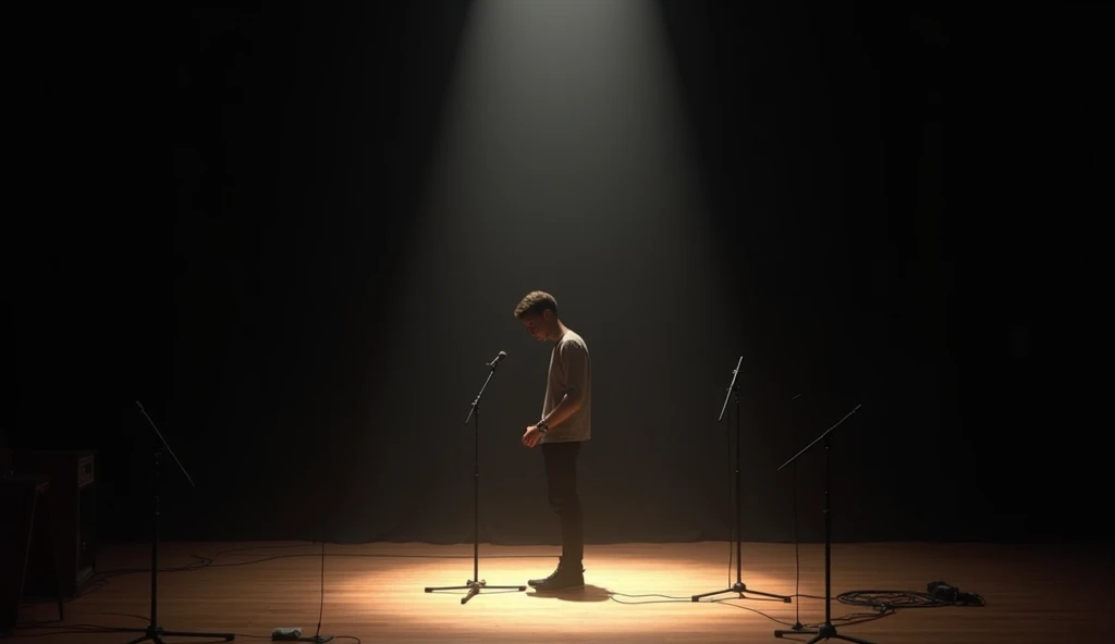 A quiet music concert stage, illuminated by a single spotlight in the center. The stage is minimalist, with just a few microphones on stands and cables scattered across the wooden floor. The backdrop is a simple black curtain, with subtle lighting effects ...