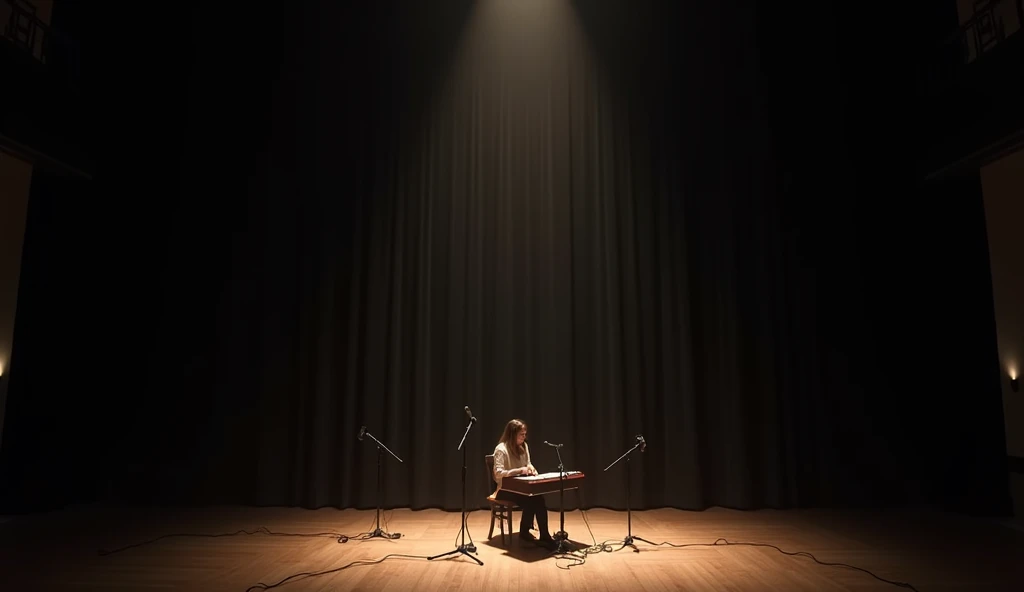 A quiet music concert stage, illuminated by a single spotlight in the center. The stage is minimalist, with just a few microphones on stands and cables scattered across the wooden floor. The backdrop is a simple black curtain, with subtle lighting effects ...