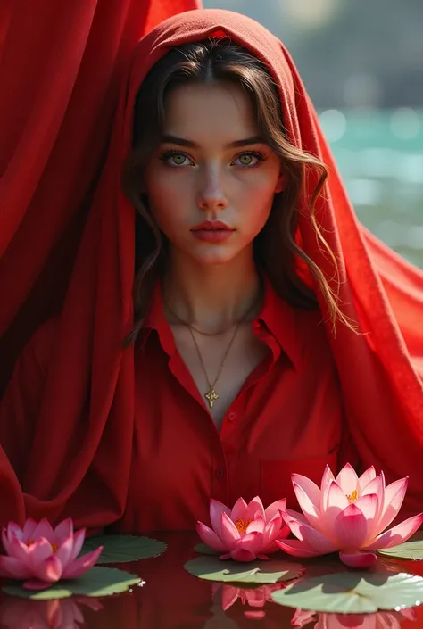 Samia, Girl, Single, shirt, Look at you, Face, Prominent, Flowers, High quality,  radiant, Fars, pious, red shirt, red velvet, water, Ocean,  Lotus