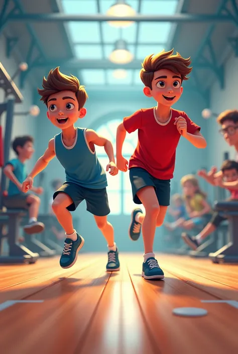 Create a thumbnail in which two boys are and in background gym equipment 