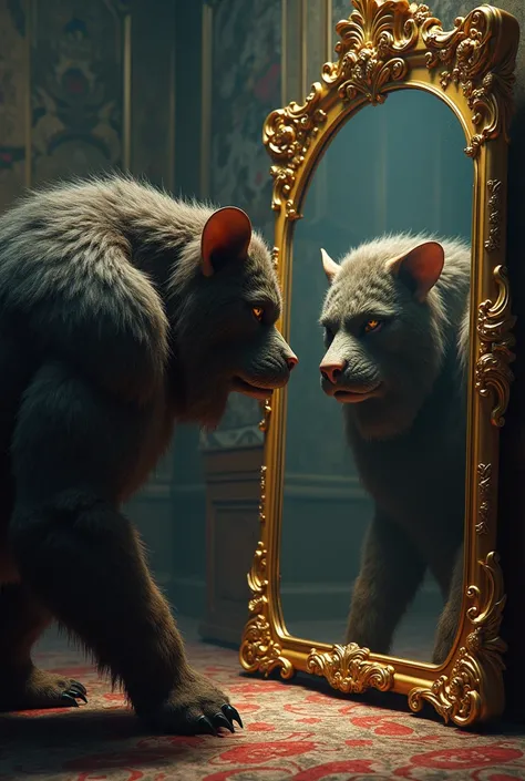 The beast looking in the mirror and reflecting the image of a prince 