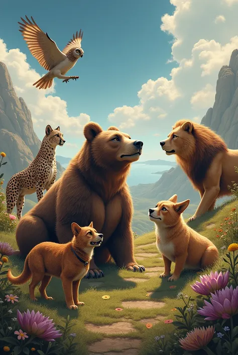 Dog, bear, cheetah, lion and owl in one picture