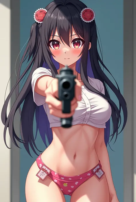 Anime girl standing on camera looking down and pointing a gun at the camera. Visible teddy bear panties. Big boobs