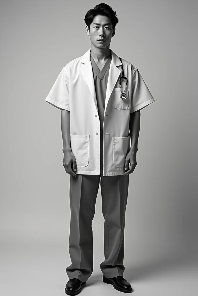 Monochrome、Japanese man in medical uniform　whole body