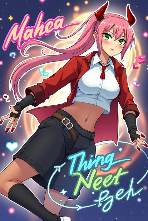 1 girl, fingerless gloves, gloves, green eyes, black cap, red horns, jacket,  looks at the viewer, pink hair, one pony tail, red nails, solo,  chest, white top, green eyes, jacket, looks at the viewer, mid-body, navel, pink hair, one pony tail, black short...