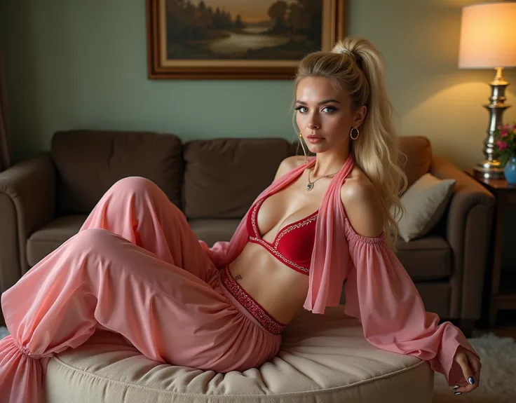 large format full body photo of a woman a Realistic full body portrait Photo of a I dream of Jeannie, genie in the lamp (((Jeannie))) with classic updo blonde hair style, lounging seductively on a large soft round ottoman in a suburban living room, diaphan...