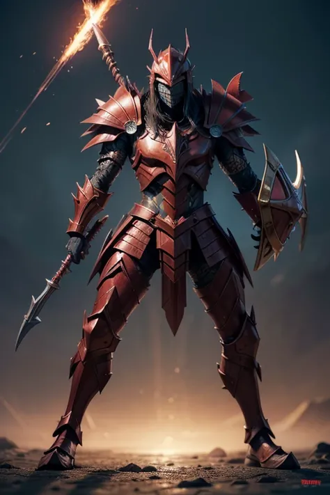 warrior with spear, humanoid appearance as monstrous, shield, Fins on the arms and legs, armor with spines similar to marine creatures, seahorse helmet, yugioh style, eerie glowing red eyes 