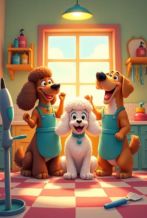 Make a picture of three dogs being groomed., in Disney cartoon 