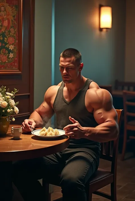 John cena in Thimphu, Bhutan, eating dumplings in a drowsy place