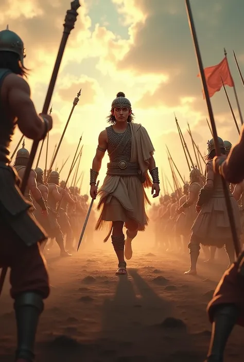 In cinematic 3D cartoon style " Depict a dramatic scene from the Mahabharata, focusing on Abhimanyu, a young warrior dressed in traditional Indian armor, bravely entering the intricate and dangerous Chakravyuha formation on the battlefield of Kurukshetra. ...