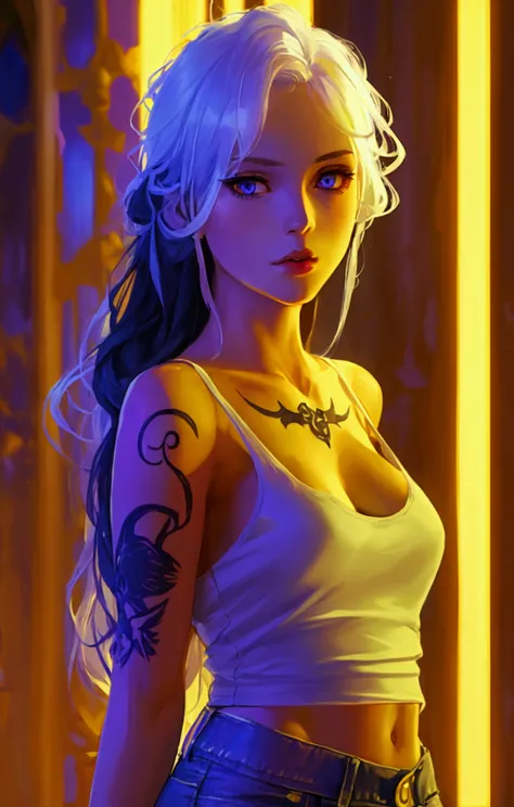 A twenty-sonething Norwegian woman, pale skin, chest-length silky raven hair, blue-purple eyes, full lips, an hourglass body, and a forearm tattoo of a full moon with two crescent moon on either sides. Wearing a white tank top and denim shorts.