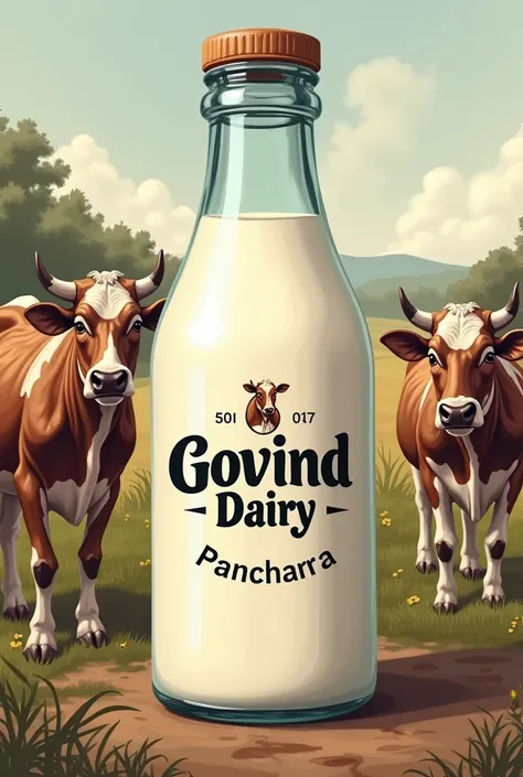 Create a image of glass milk bottle name as govind dairy and print some cow and some adress like panchara