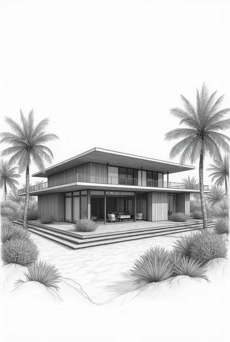 Create an architectural sketch as if it were in pencil of a sustainable middle-class home on the coast of Quintana Roo among the jungle