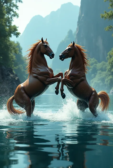 Generate horse image, who fight to the death while bathing in the lake
