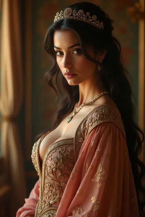 beautiful Persian queen, voluminous breasts, wide hips; dressed in her royal clothing; Her breasts and hips are enhanced; fine details in the womans eyes and eyelashes; fine details in the womans outlined face; side view: she has a contemplative and sensua...