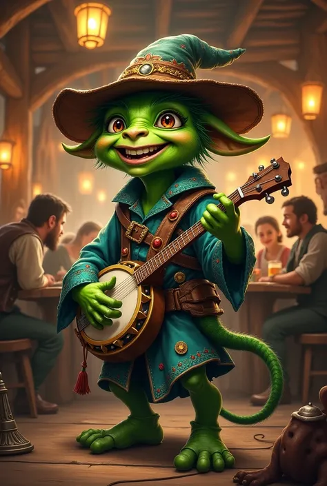 A Dungeons and Dragons style green goblin, kind, in a bard&#39;s outfit, playing the banjo, looking forward and singing excitedly in a lively tavern.