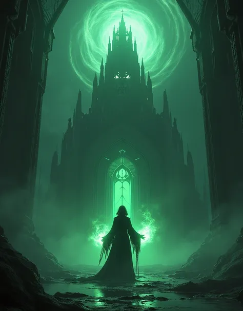 "A dark, ominous temple on Nova Aeterna, where the evil sorceress Lyra channels ancient dark magic. The temple, a fusion of gothic and futuristic design, is surrounded by swirling shadows and eerie green light. Lyra’s eyes burn with malevolent energy as sh...