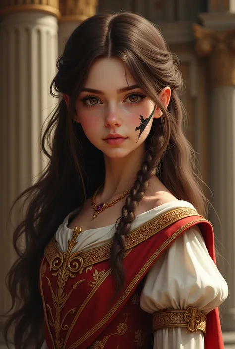 A young princess with brown hair that has a scar that cuts from the brow bone to her opposing cheek and disappears beneath her collar.