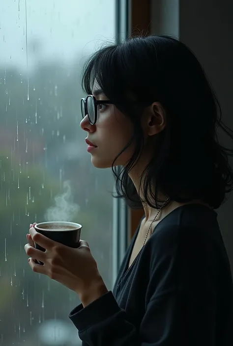 a lady with black wavy hair shoulder length, wearing black frame glasses, looking out of window with gloomy face while holding a cup of hot coffee on a rainy day