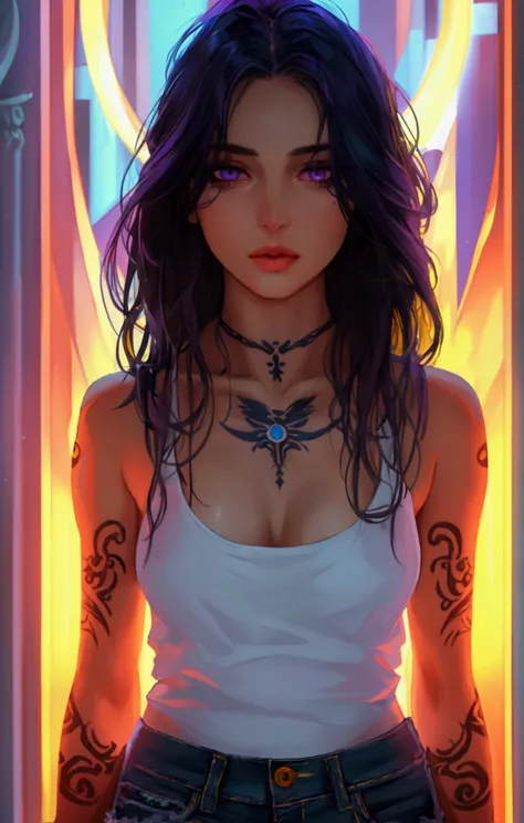 A twenty-sonething Norwegian woman, pale skin, chest-length silky raven hair, blue-purple eyes, full lips, an hourglass body, and a forearm tattoo of a full moon with two crescent moon on either sides. Wearing a white tank top and denim shorts.