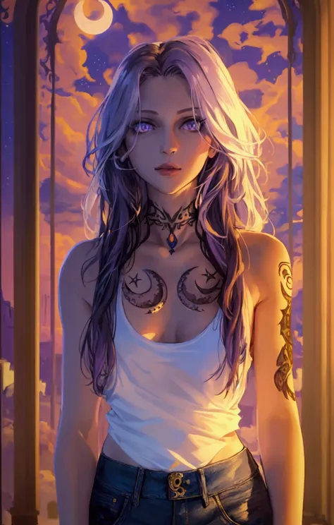 A twenty-sonething Norwegian woman, pale skin, chest-length silky raven hair, blue-purple eyes, full lips, an hourglass body, and a forearm tattoo of a full moon with two crescent moon on either sides. Wearing a white tank top and denim shorts.