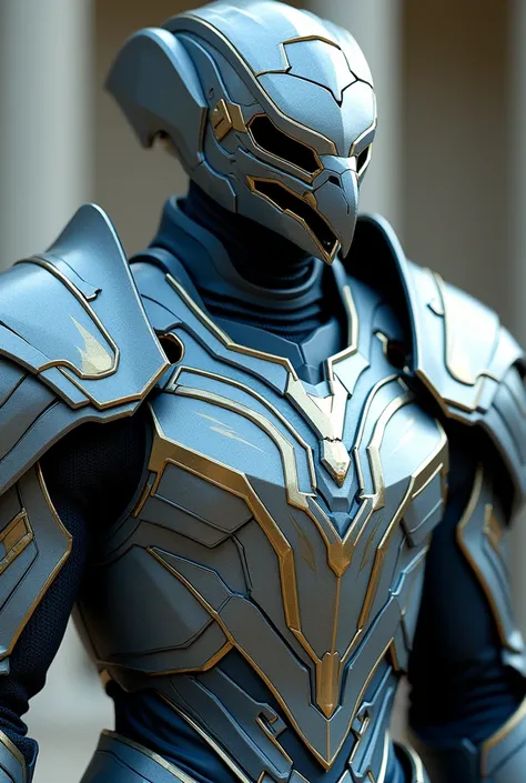 Futuristic Medieval armor, gray color with shiny blue and gold details, eagle-shaped helmet, realistic, 4k, masterpiece