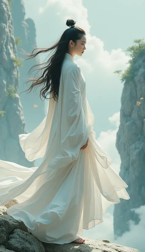 A stunning cinematic painting depicting a stunning delicate,handsome, mysterious spiritual figure in a serene landscape. The figure, dressed in a flowing white robe, is surrounded by soft clouds and a gentle breeze. As a skilled martial artist and a wise Z...