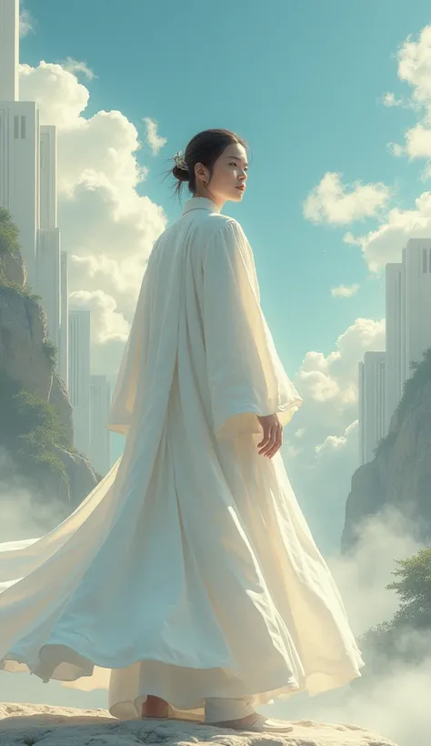 A stunning cinematic painting depicting a stunning delicate,handsome, mysterious spiritual figure in a serene landscape. The figure, dressed in a flowing white robe, is surrounded by soft clouds and a gentle breeze. As a skilled martial artist and a wise Z...