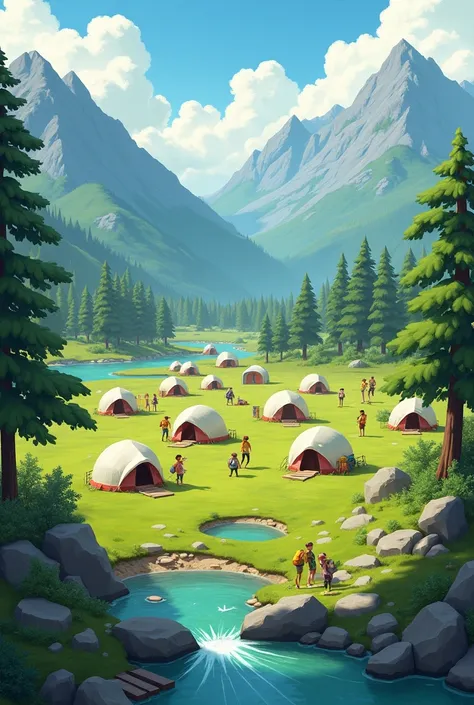 A camp with igloo-type tents and backpacks around in the mountains in a large field where you can see a part of the river with stones and alder trees, willows and docks around, with young people with their yellow scarf from the conquistadors club