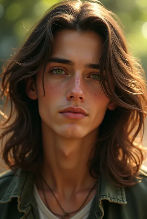 Create an image of a handsome teenager boy with long brown hair color and green eyes