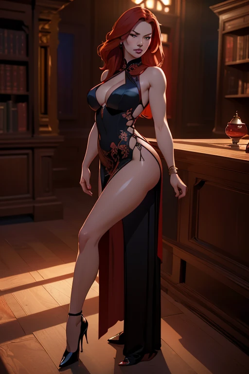 a beautiful sexy redhead witch in a provocative pose, wearing a revealing china dress, standing in a dark and mysterious library, (best quality,4k,8k,highres,masterpiece:1.2),ultra-detailed,(realistic,photorealistic,photo-realistic:1.37),portrait, chiarosc...