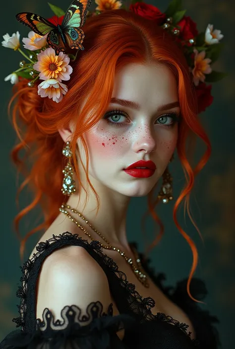 A very beautiful toreador vampire with extremely red hair and her eyes have heterochromia, she also has freckles, She has noble origins and is very fond of jewelry and always wears high heels., Her high heels are elegant and chic and she also likes flowers...