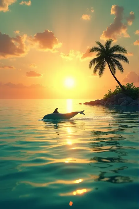 Greenish open sea, small island, a palm tree leaning over the sea, sun at sunset forming an avenue of light, dolphin jumping near palm tree