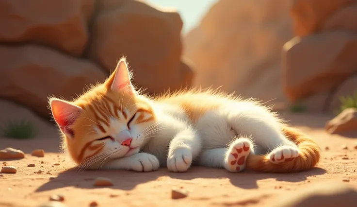 A medium shot of a cat taking a nap on a hot day. The cat is lying on its back with its paws spread out. The background is a rocky terrain. The lighting is bright.