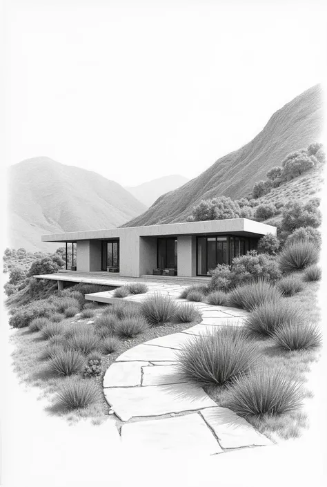 Create a pencil-like sketch of a modern Huichol home in the Sierra de Durango 