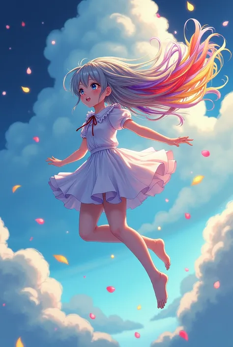 1.5),(1 girl),(dynamic pose),(multicolored hair+silver hair:1.3+red hair:1.2+purple hair+yellow hair:1.3+green hair:1.3),(blue eyes),(neck ribbon),(floating),(cloud),(too many drops of water),(twilight),(watercolor),(wide shot)